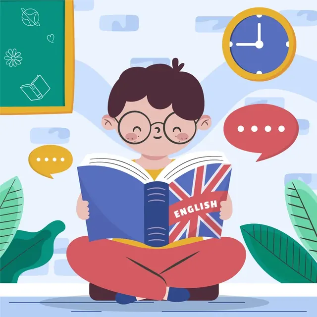 Ilustração de um aluno lendo um livro de inglês, imaginando o futuro